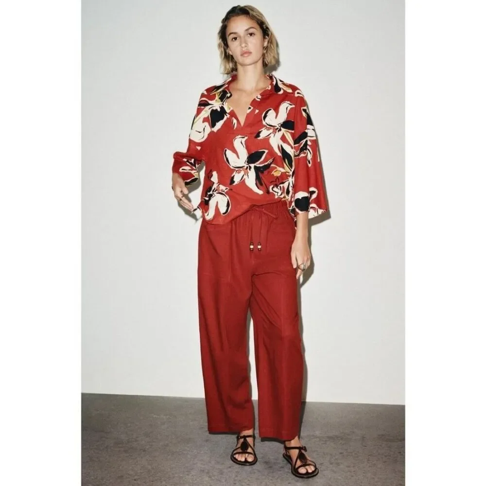 Zara Womens Linen Beaded Drawstring Ankle Pants linen XL Brick Red 8668/383 NWT